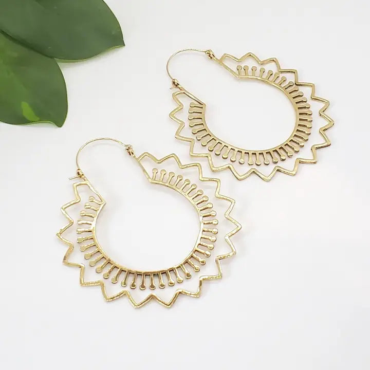 Baizaar Large Brass Wave Ray Hoop Earring