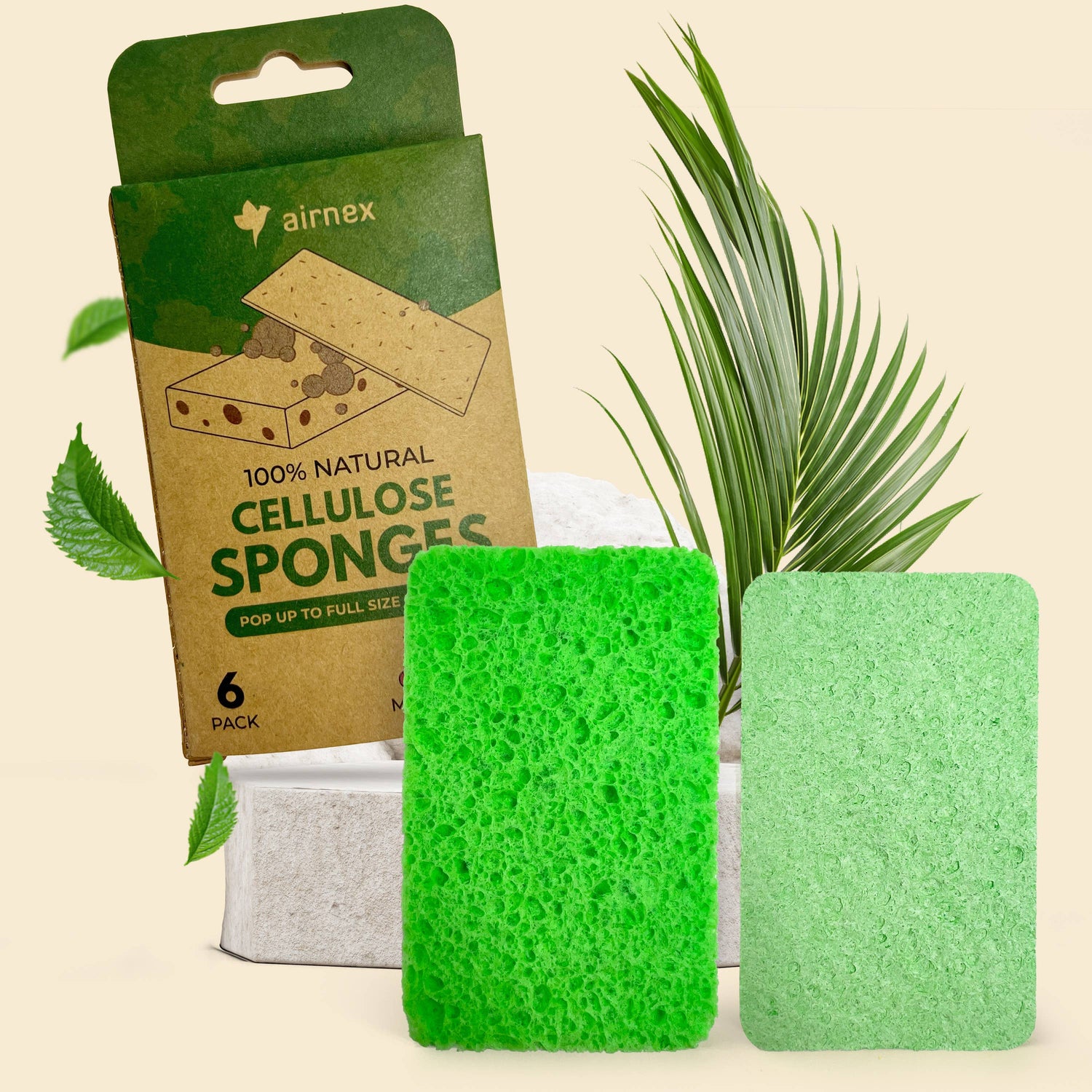 Airnex Compostable Kitchen Sponge - 6 Pack Eco Pop Up Sponges