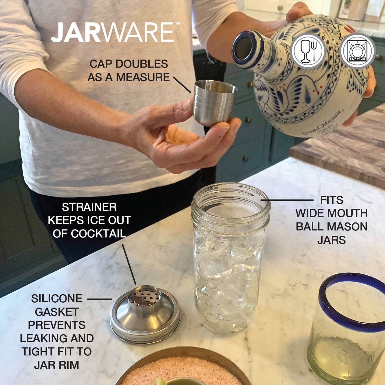 Jarware Cocktail Shaker Lid for Wide Mouth Mason Jar