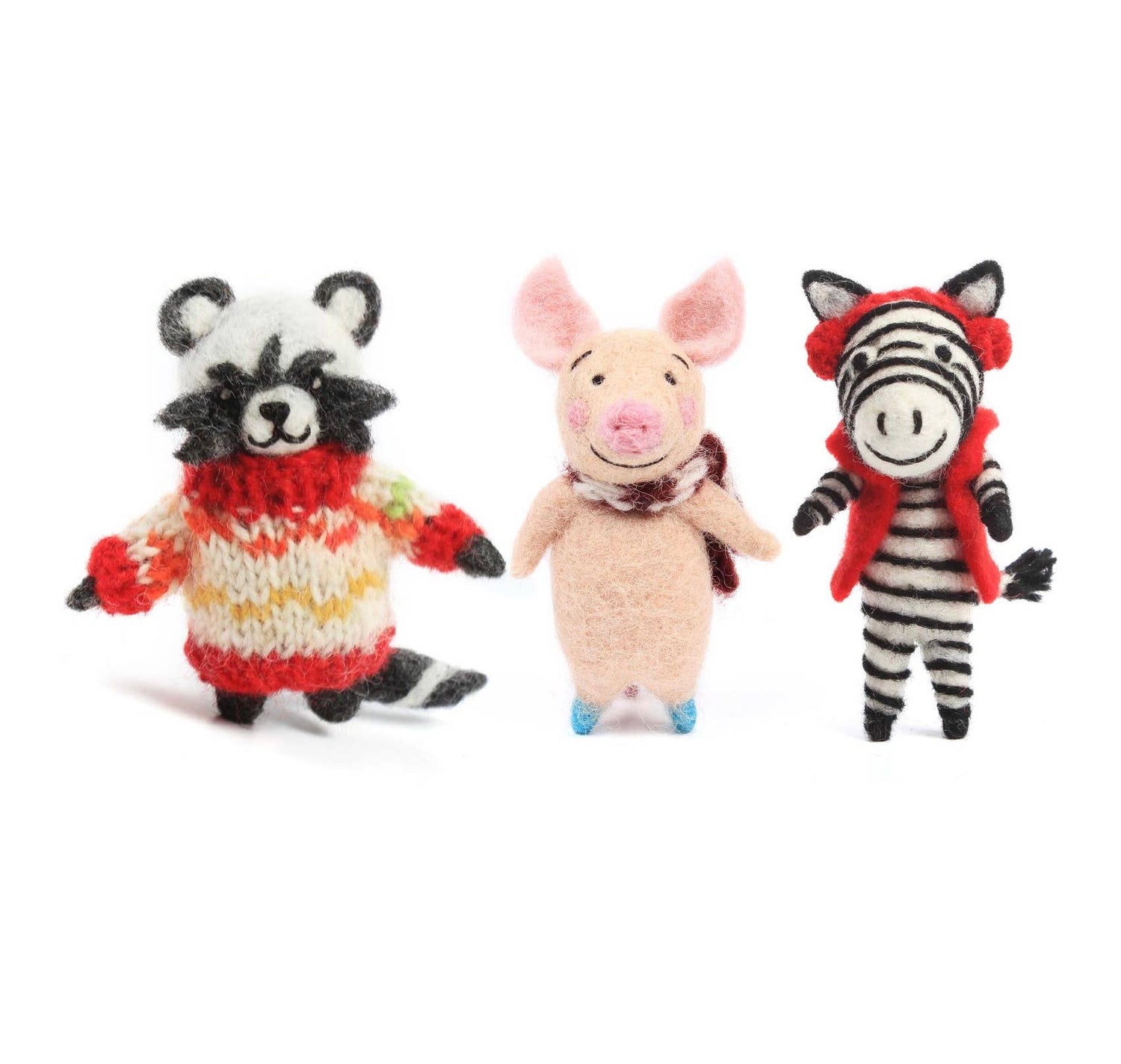 Raccoon, Pig, Zebra Felt Wool Ornaments Fair-Trade