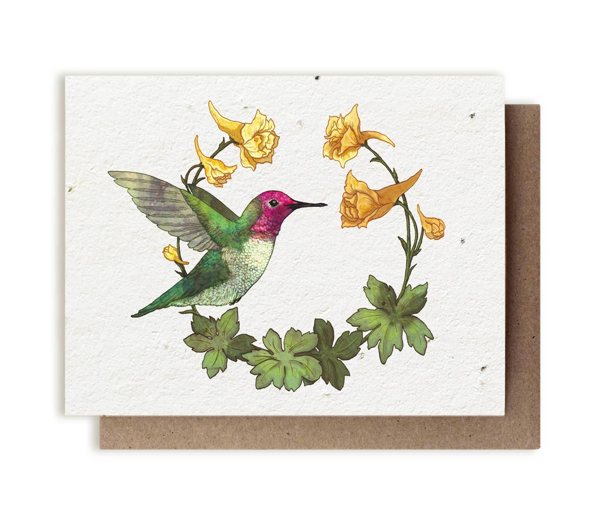 Small Victories card Anna's Hummingbird & Yellow Larkspur Plantable Herb Card