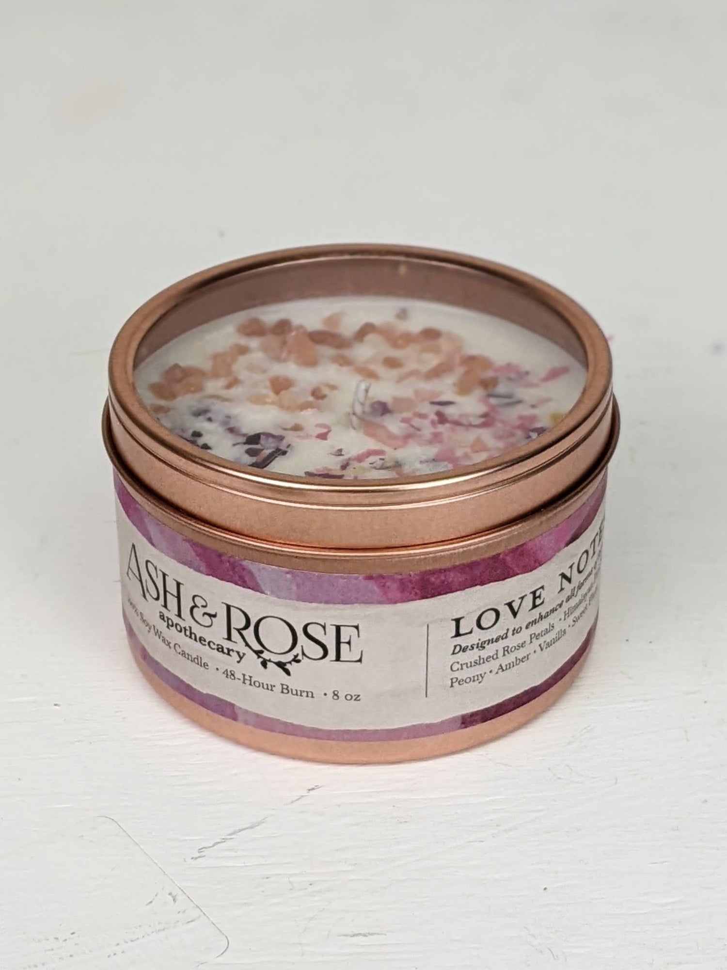 Ash & Rose - Love Notes Tin Candle Rose Petals Pink Himalayan Salt Flower