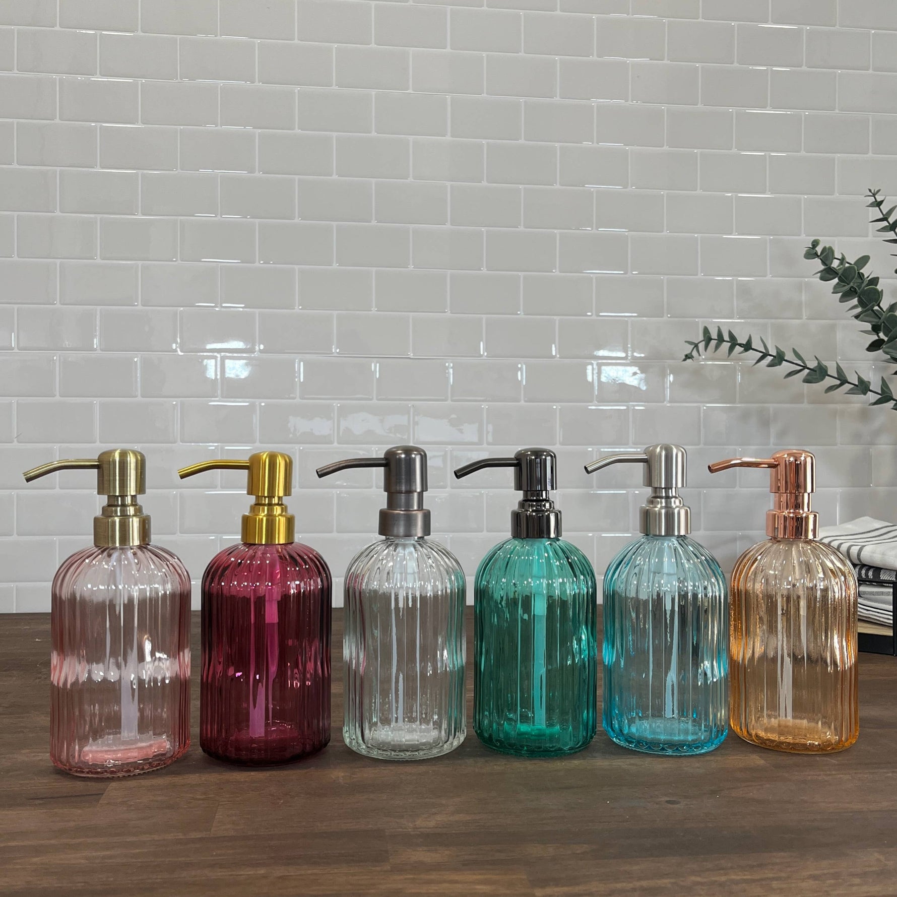 The Bottle Shoppe - 14oz Fluted Glass Soap Dispenser bottles with metal pumps.