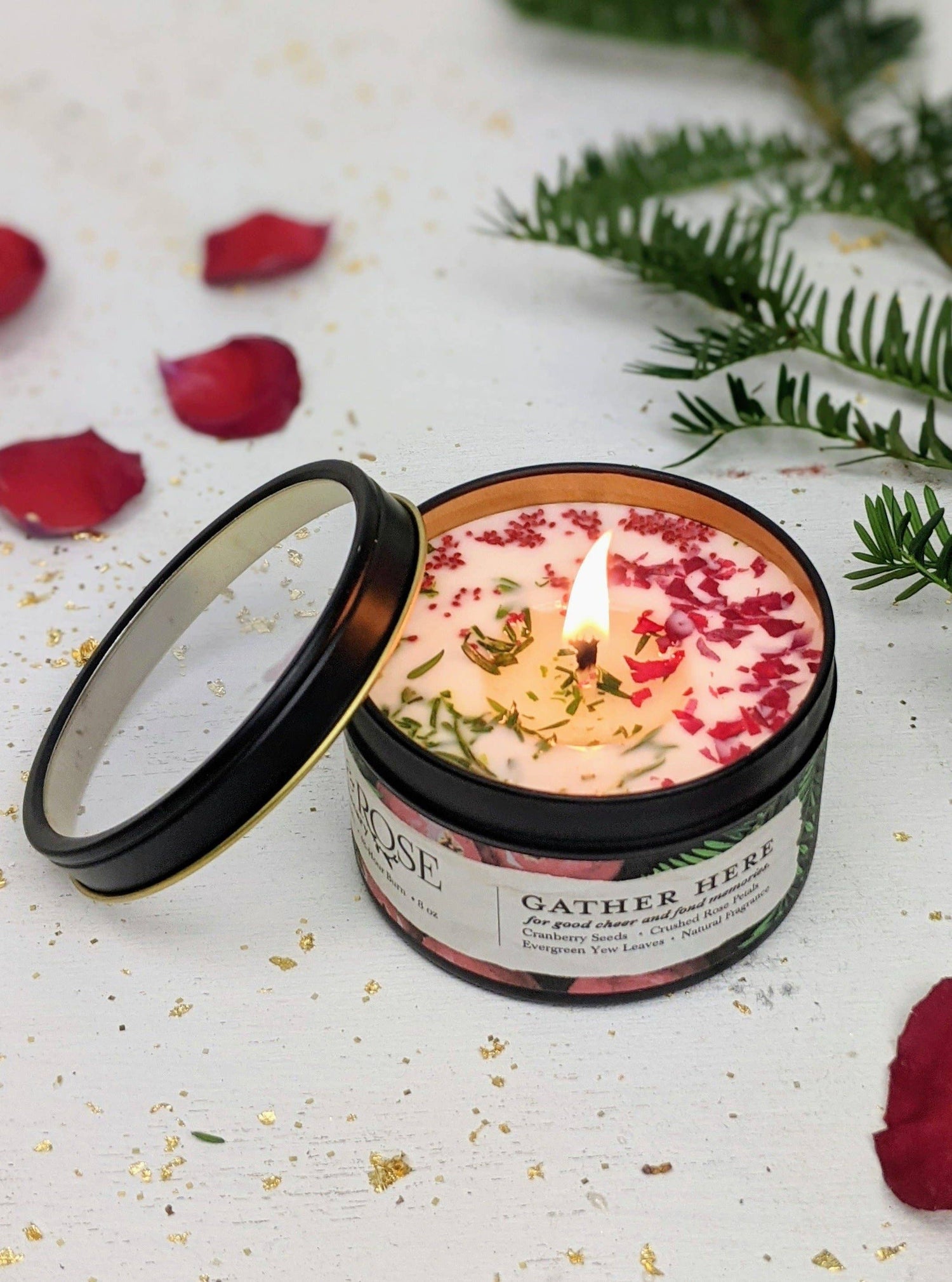 Ash & Rose - Gather Here Cranberry Pine Soy Tin Candle Rose Petal Yew